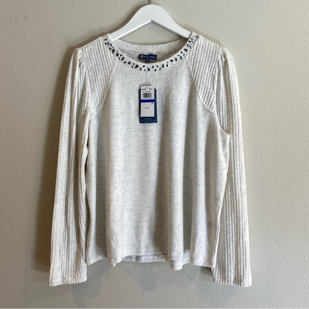 Democracy Mixed Media Rhinestone Scoop Neck Top PXL Heather Off White
